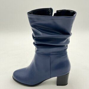 Navy Side Zipper Chunky Heel Slouch Ankle Boots Round Toe Stacked Retro Shoes